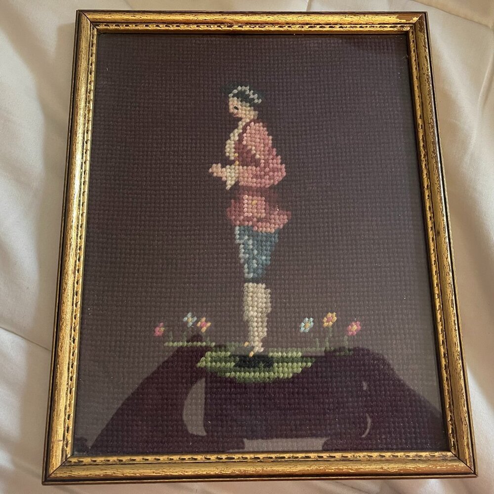 Needlepoint Colonial Figure Framed Art, Vintage